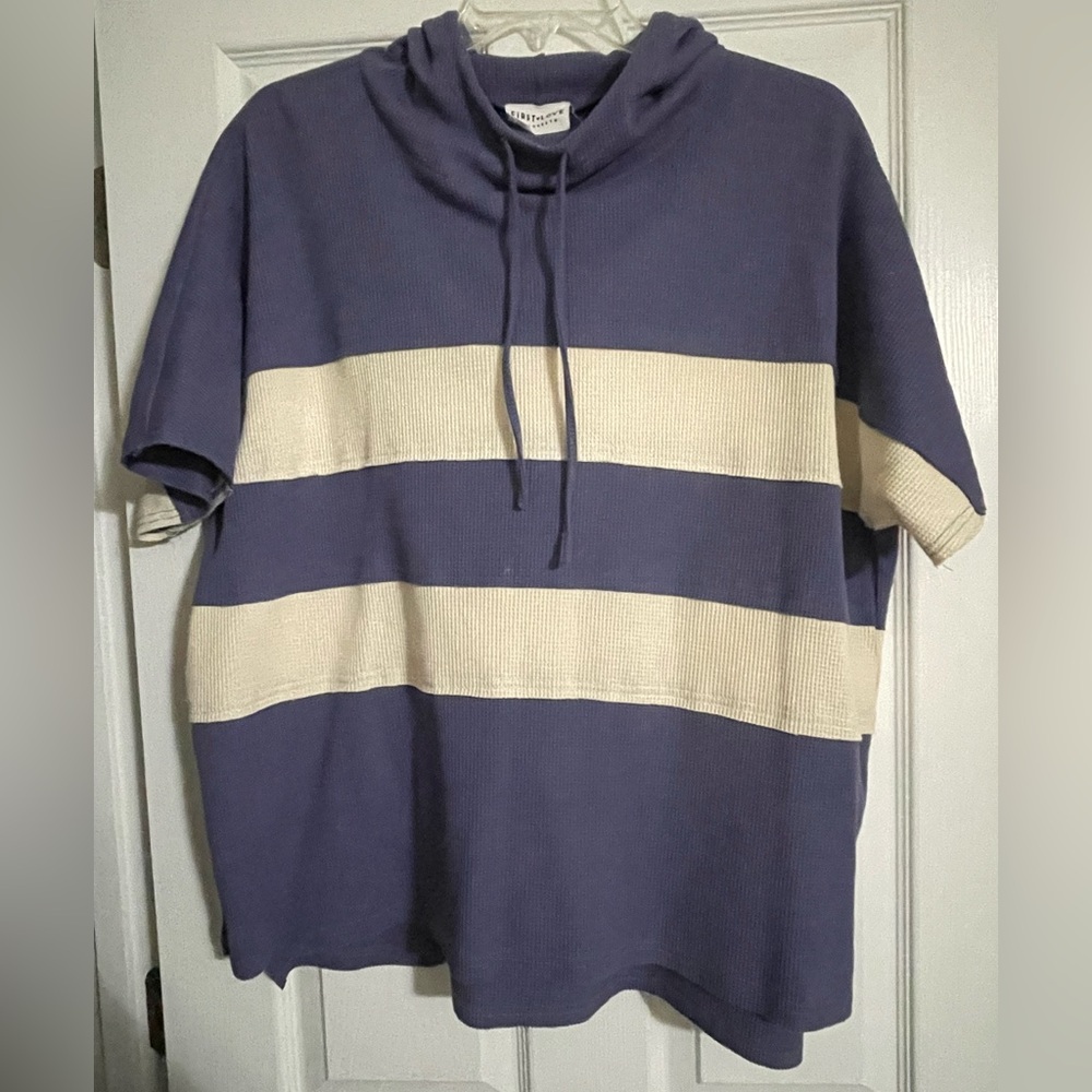 FIRST LOVE Blue/Cream Waffle Knit Hoodie-Size L-EUC